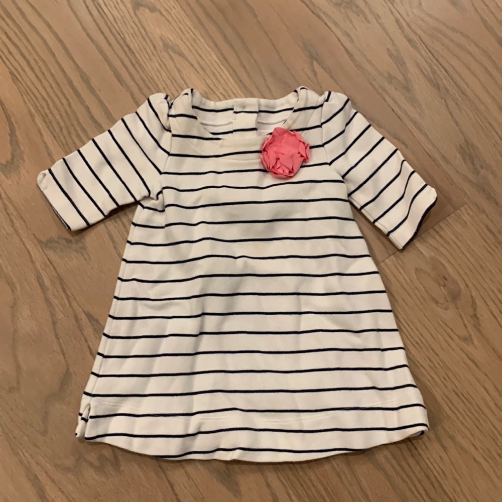 Janie and Jack Cream and Navy Striped Dress with Pink Flower